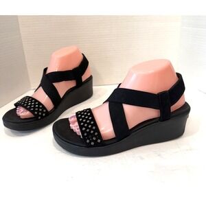 Skechers Cali Black Studded Elastic Criss Cross Straps Platform Wedge Sandal 8.5